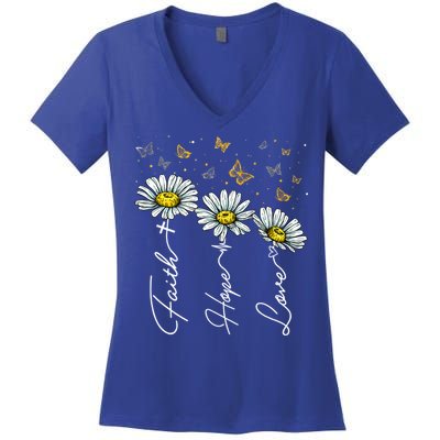 Faith Hope Love Daisy Butterfly Jesus Christian Clothing Cool Gift Women's V-Neck T-Shirt