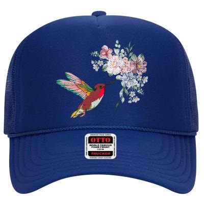 Flowers Hummingbird Lover Vintage Nature Hummingbird Meaningful Gift High Crown Mesh Back Trucker Hat