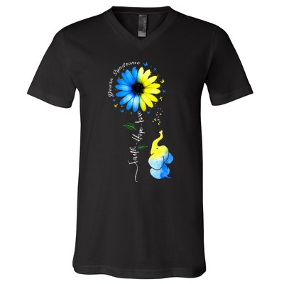 Faith Hope Love Awareness Downs Syndrome The Blue Elephant V-Neck T-Shirt