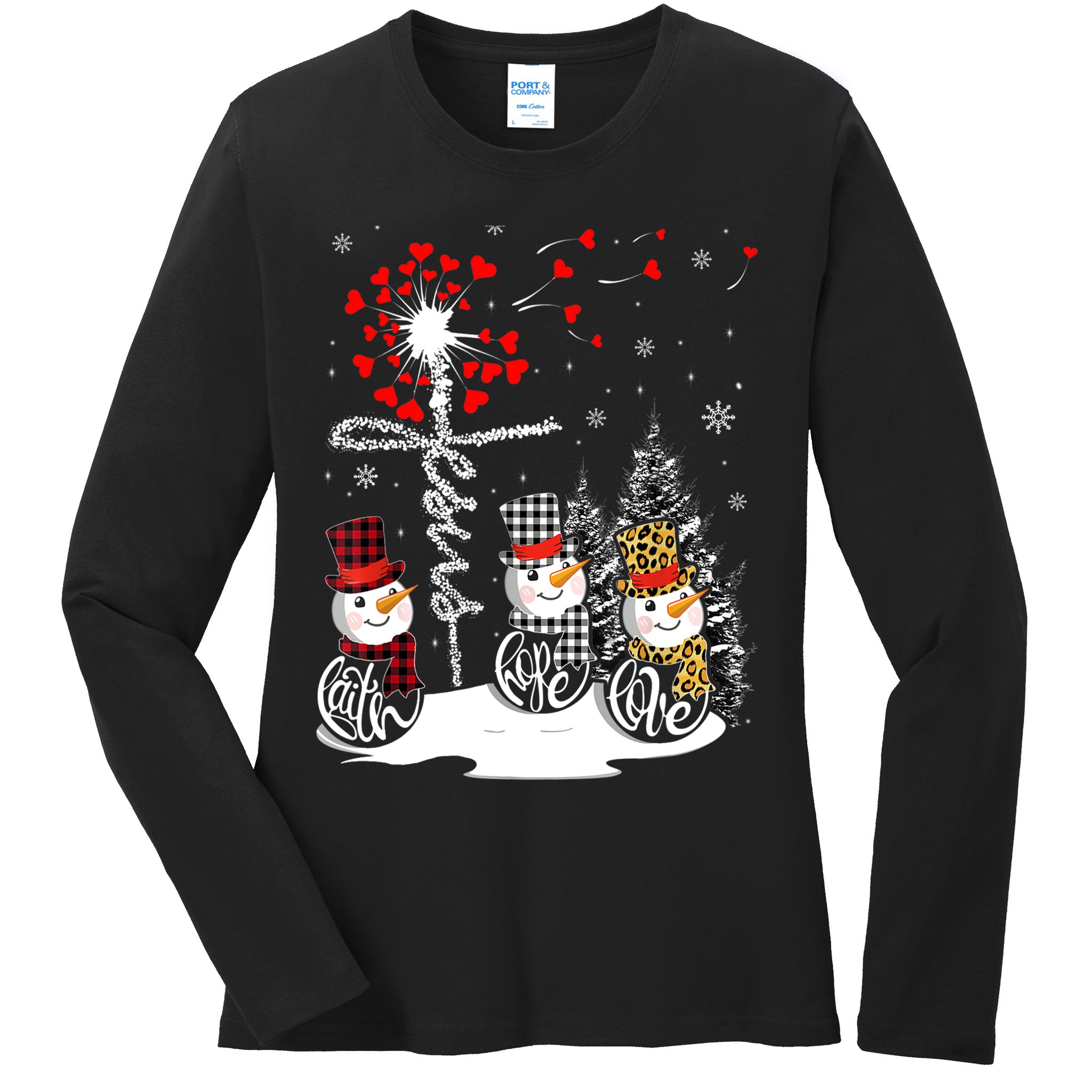 Faith Hope Love Snowman Jesus Dandelion Christian Christmas TShirt Ladies Long Sleeve Shirt