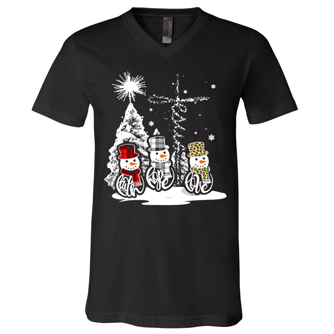 Faith Hope Love Jesus Snowman Plaid Leopard Christmas Gift V-Neck T-Shirt