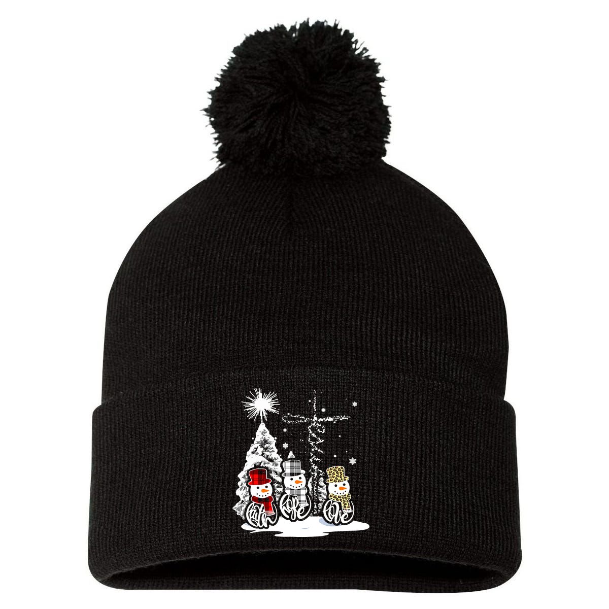 Faith Hope Love Jesus Snowman Plaid Leopard Christmas Gift Pom Pom 12in Knit Beanie