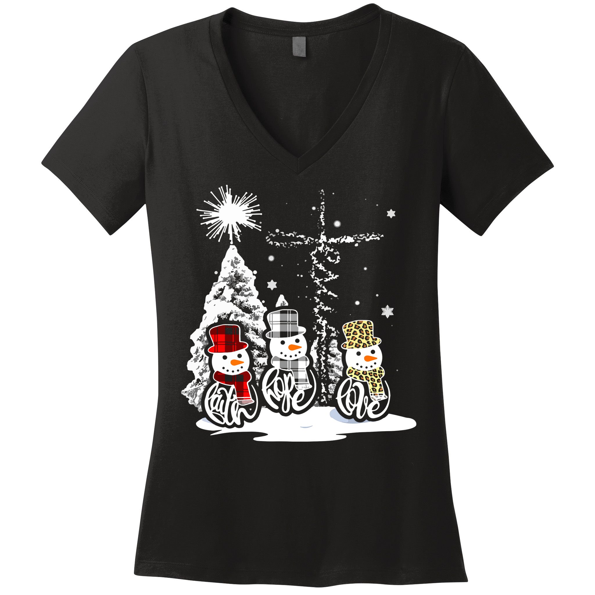 Faith Hope Love Jesus Snowman Plaid Leopard Christmas Gift Women's V-Neck T-Shirt