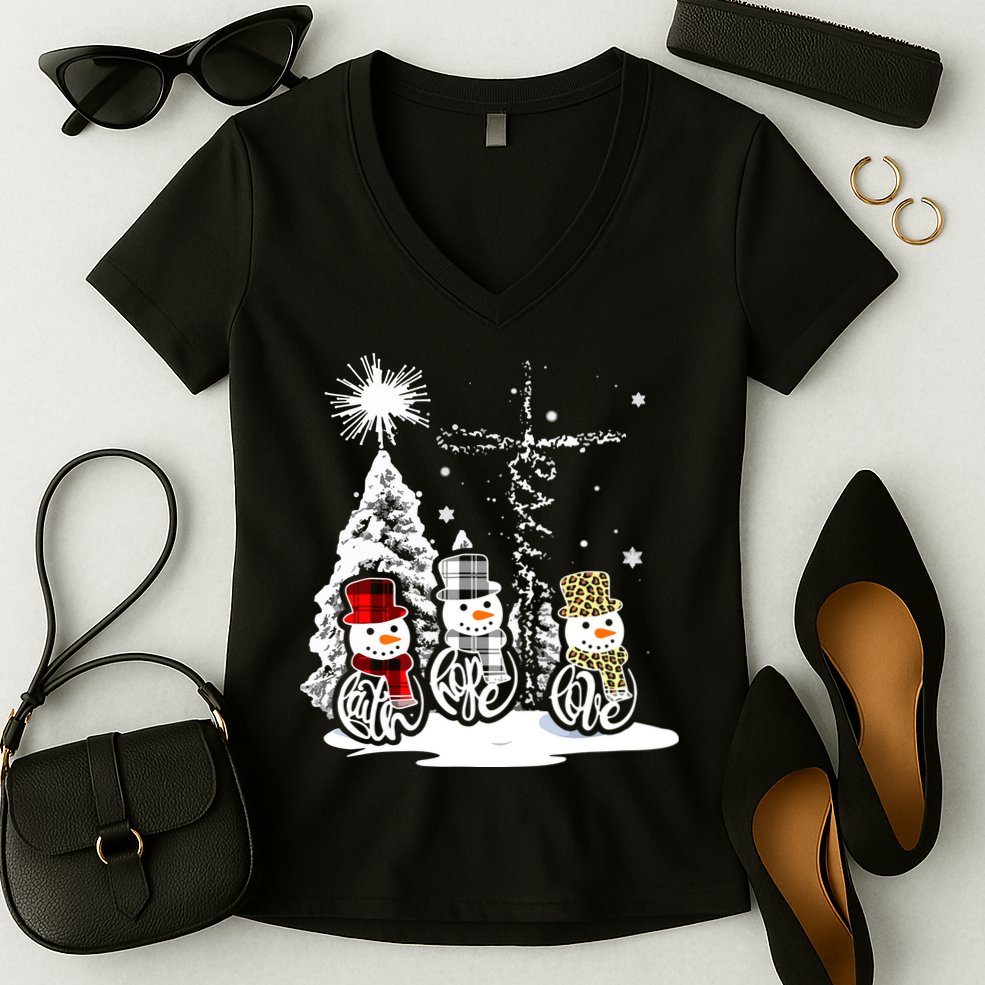 Faith Hope Love Jesus Snowman Plaid Leopard Christmas Gift Women's V-Neck T-Shirt