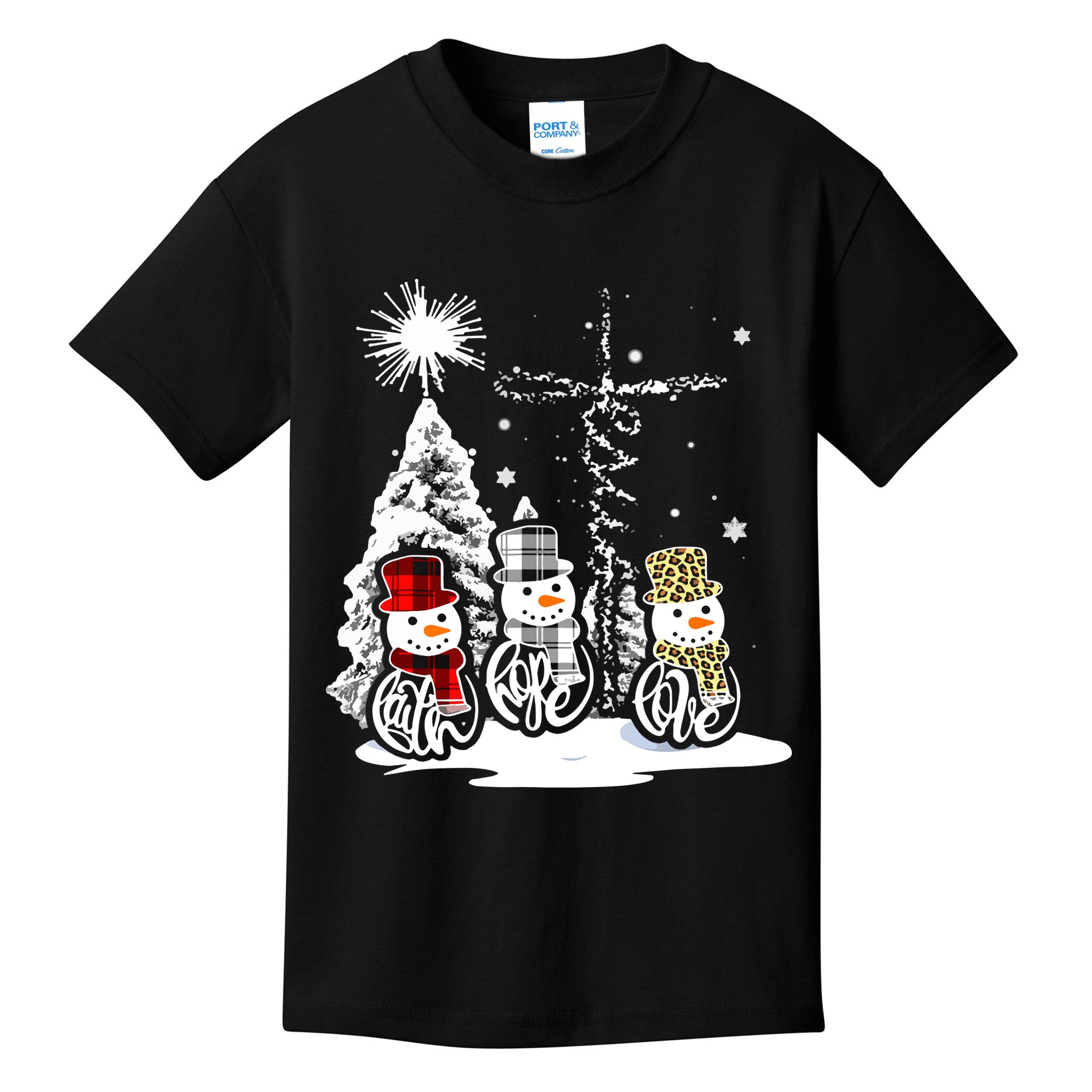 Faith Hope Love Jesus Snowman Plaid Leopard Christmas Gift Kids T-Shirt