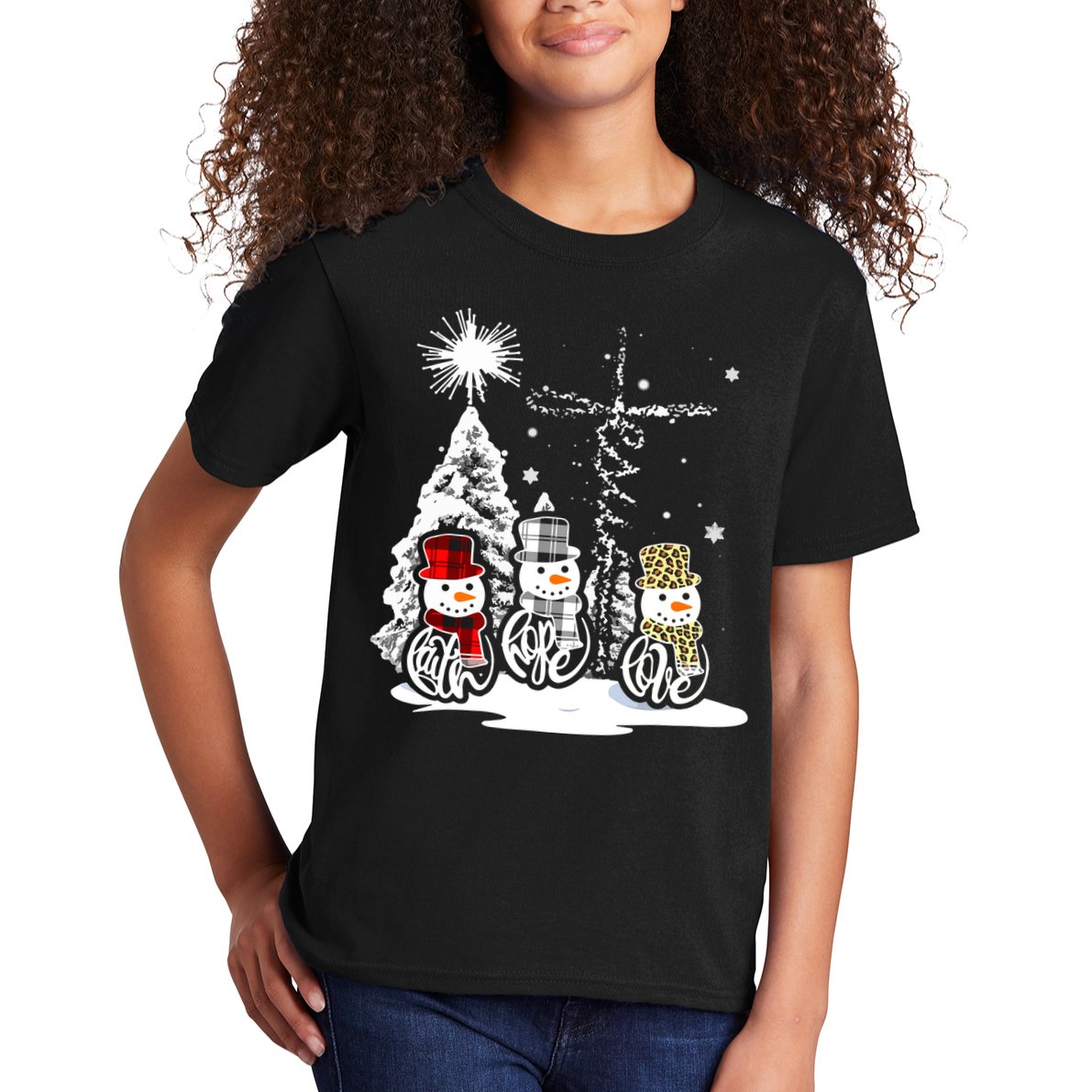 Faith Hope Love Jesus Snowman Plaid Leopard Christmas Gift Kids T-Shirt