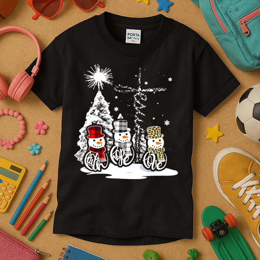 Faith Hope Love Jesus Snowman Plaid Leopard Christmas Gift Kids T-Shirt
