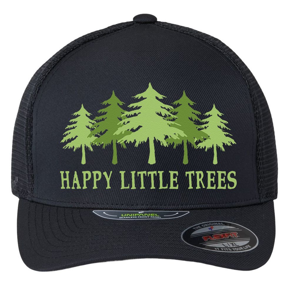 Funny Happy Little Trees Gifts Bob Style Camping Flexfit Unipanel Trucker Cap