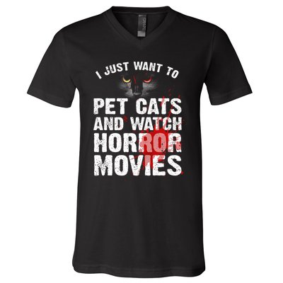 Funny Horror Movie For Cat Lover Halloween V-Neck T-Shirt