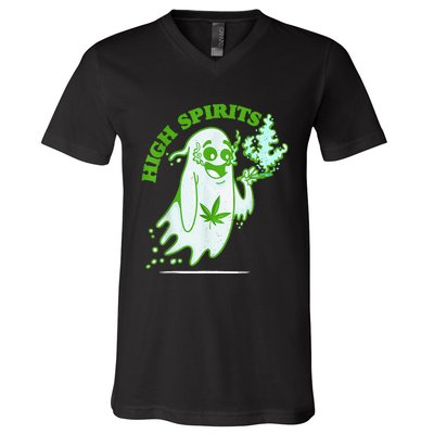 Funny Halloween Marijuana Cannabis Ghost Design Weed Smokers V-Neck T-Shirt