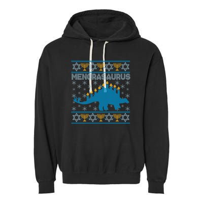 Funny Hanukkah Menorasaurus Dinosaur Ugly Sweater Garment-Dyed Fleece Hoodie