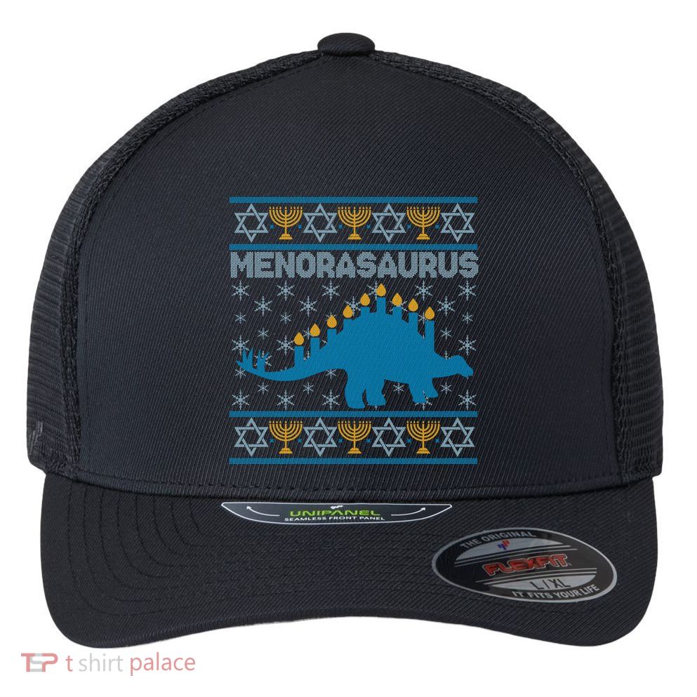Funny Hanukkah Menorasaurus Dinosaur Ugly Sweater Flexfit Unipanel Trucker Cap