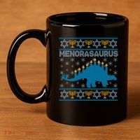 Funny Hanukkah Menorasaurus Dinosaur Ugly Sweater 11oz C Handle Ceramic Mug
