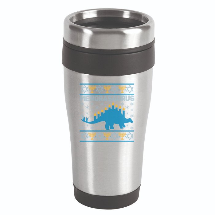 Funny Hanukkah Menorasaurus Dinosaur Ugly Sweater 16oz Travel Tumbler