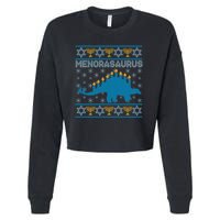 Funny Hanukkah Menorasaurus Dinosaur Ugly Sweater Cropped Pullover Crew