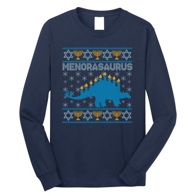 Funny Hanukkah Menorasaurus Dinosaur Ugly Sweater Long Sleeve Shirt