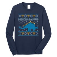 Funny Hanukkah Menorasaurus Dinosaur Ugly Sweater Long Sleeve Shirt