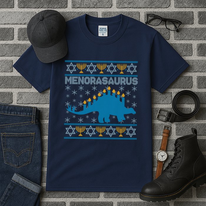 Funny Hanukkah Menorasaurus Dinosaur Ugly Sweater Tall T-Shirt