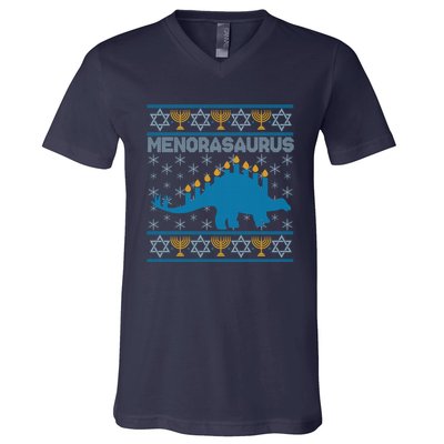 Funny Hanukkah Menorasaurus Dinosaur Ugly Sweater V-Neck T-Shirt