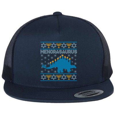 Funny Hanukkah Menorasaurus Dinosaur Ugly Sweater Flat Bill Trucker Hat