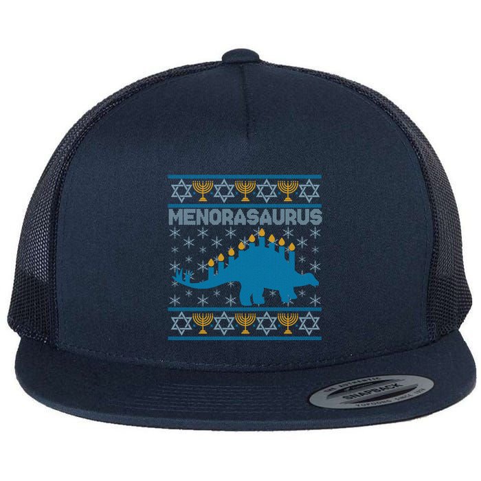 Funny Hanukkah Menorasaurus Dinosaur Ugly Sweater Flat Bill Trucker Hat