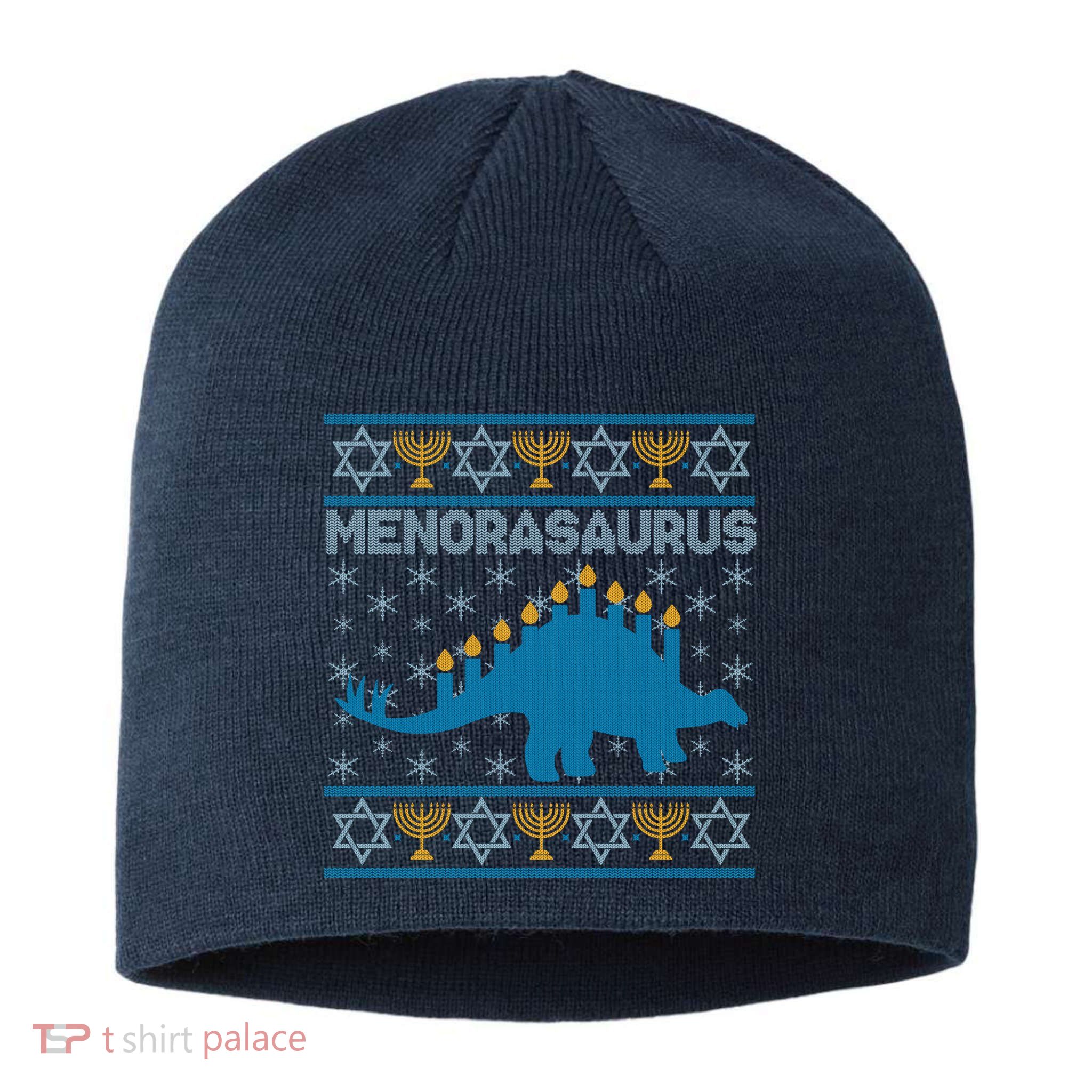Funny Hanukkah Menorasaurus Dinosaur Ugly Sweater Sustainable Beanie
