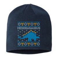 Funny Hanukkah Menorasaurus Dinosaur Ugly Sweater Sustainable Beanie