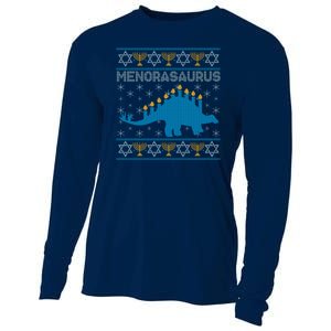 Funny Hanukkah Menorasaurus Dinosaur Ugly Sweater Cooling Performance Long Sleeve Crew