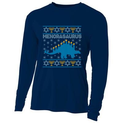 Funny Hanukkah Menorasaurus Dinosaur Ugly Sweater Cooling Performance Long Sleeve Crew