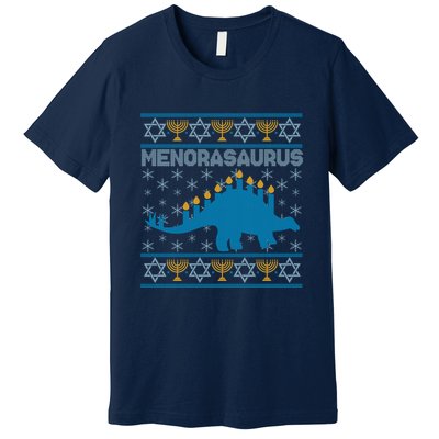 Funny Hanukkah Menorasaurus Dinosaur Ugly Sweater Premium T-Shirt