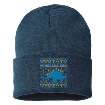 Funny Hanukkah Menorasaurus Dinosaur Ugly Sweater Sustainable Knit Beanie