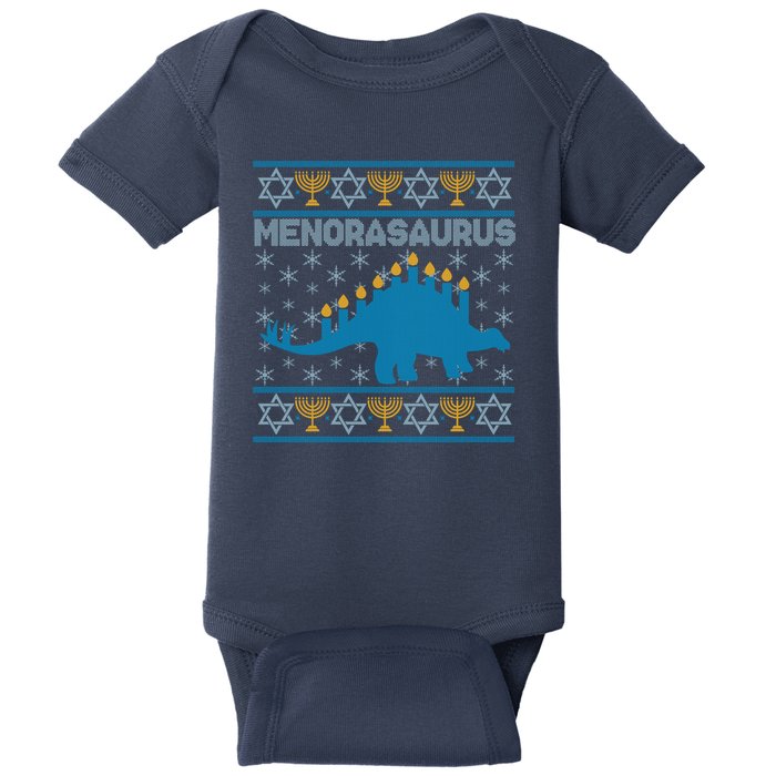 Funny Hanukkah Menorasaurus Dinosaur Ugly Sweater Baby Bodysuit