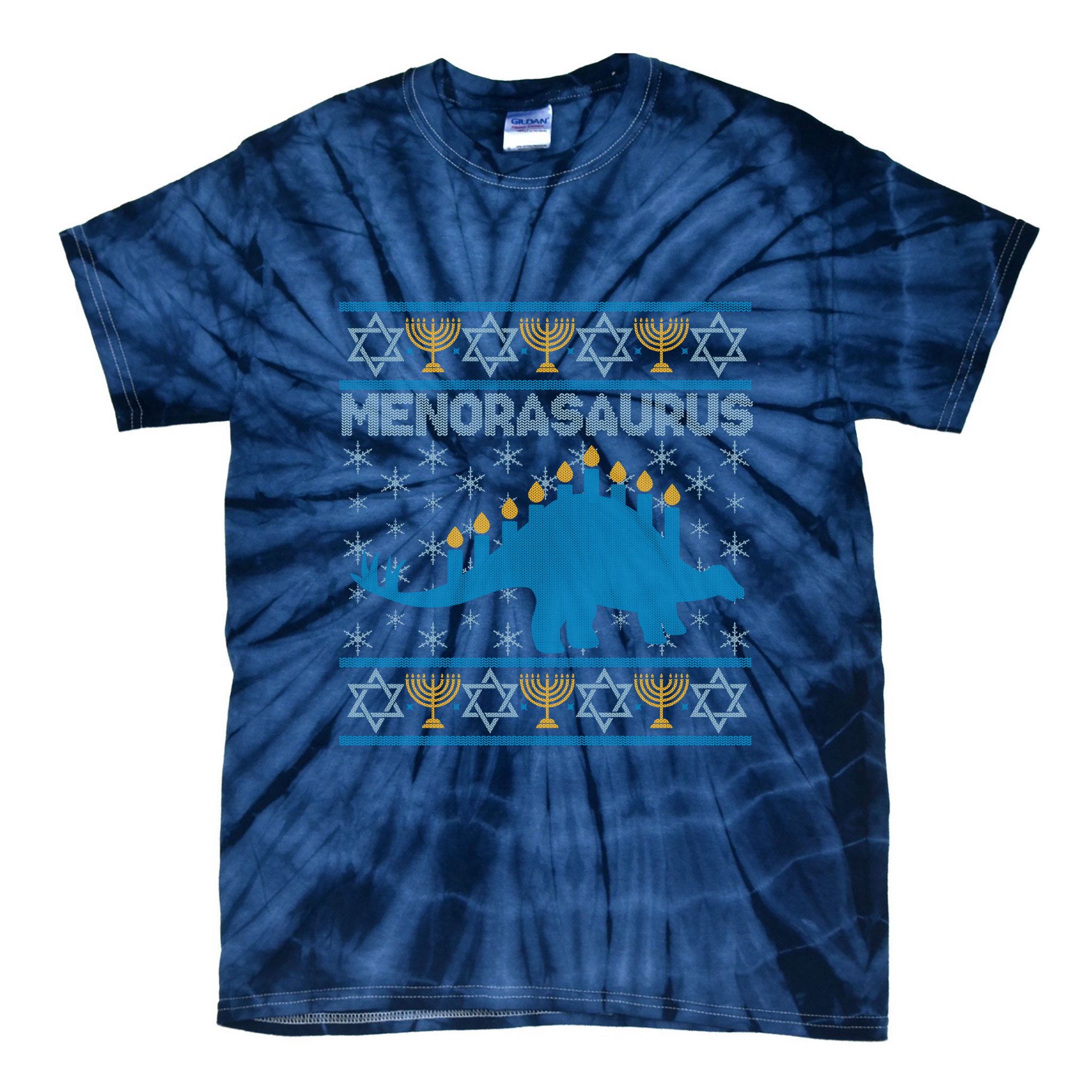 Funny Hanukkah Menorasaurus Dinosaur Ugly Sweater Tie-Dye T-Shirt