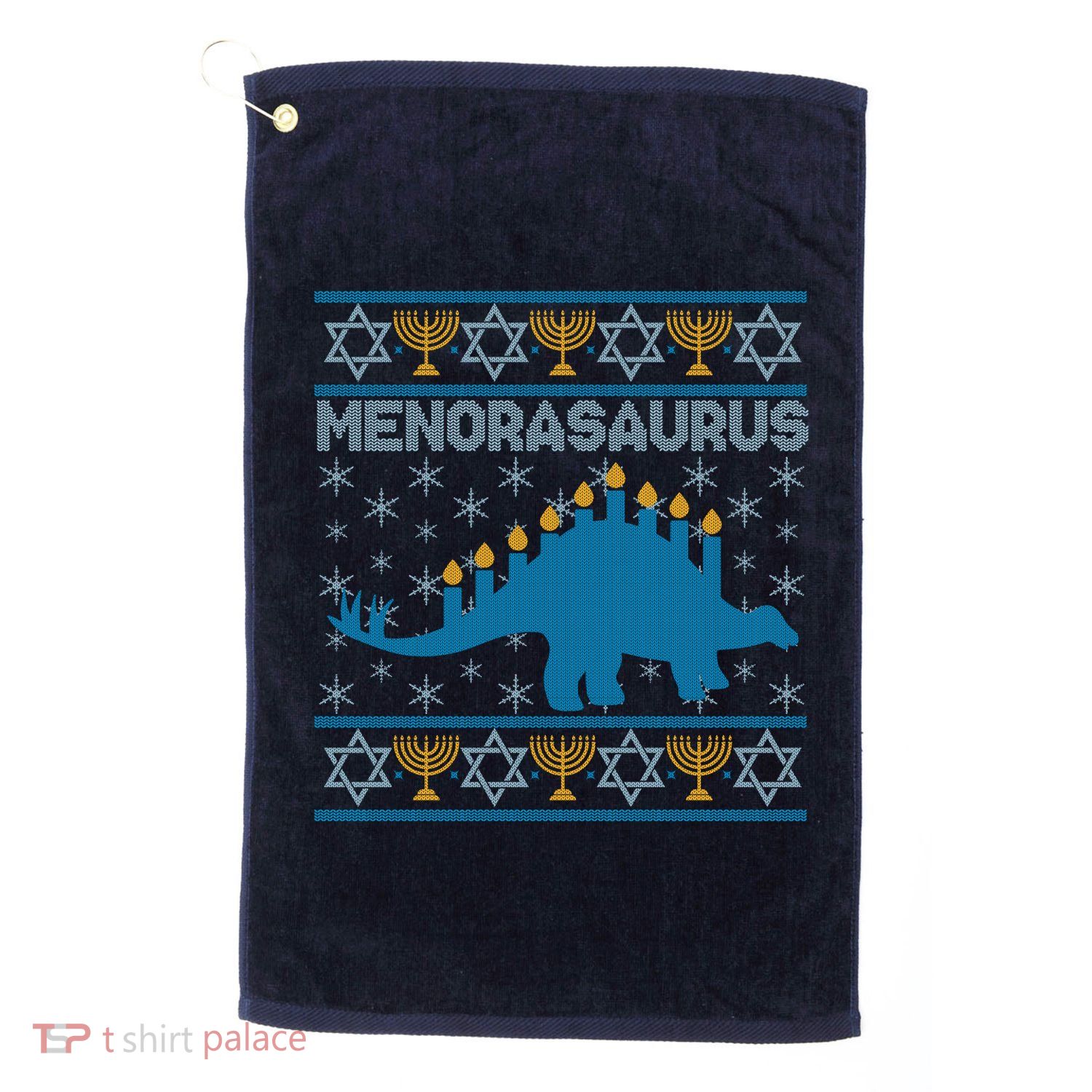 Funny Hanukkah Menorasaurus Dinosaur Ugly Sweater Golf Towel