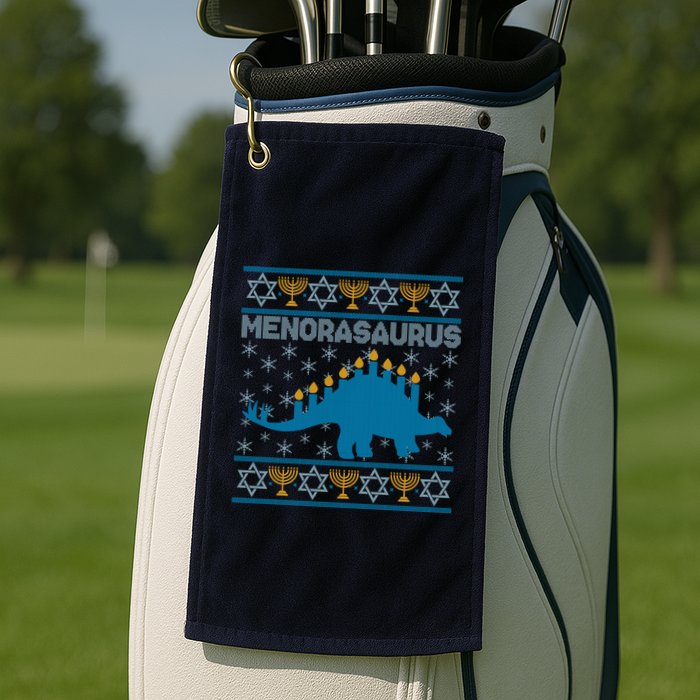 Funny Hanukkah Menorasaurus Dinosaur Ugly Sweater Golf Towel
