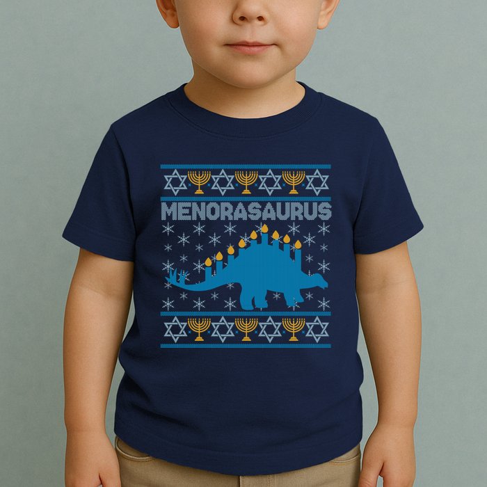 Funny Hanukkah Menorasaurus Dinosaur Ugly Sweater Toddler T-Shirt
