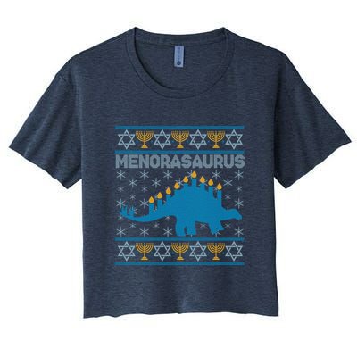 Funny Hanukkah Menorasaurus Dinosaur Ugly Sweater Crop Top