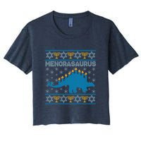 Funny Hanukkah Menorasaurus Dinosaur Ugly Sweater Crop Top