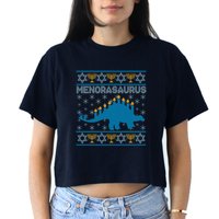 Funny Hanukkah Menorasaurus Dinosaur Ugly Sweater Crop Top