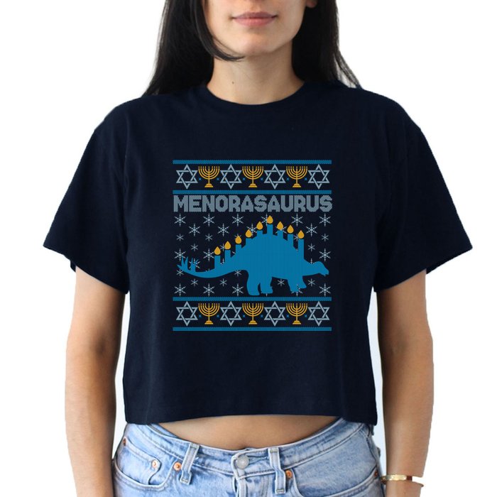 Funny Hanukkah Menorasaurus Dinosaur Ugly Sweater Crop Top