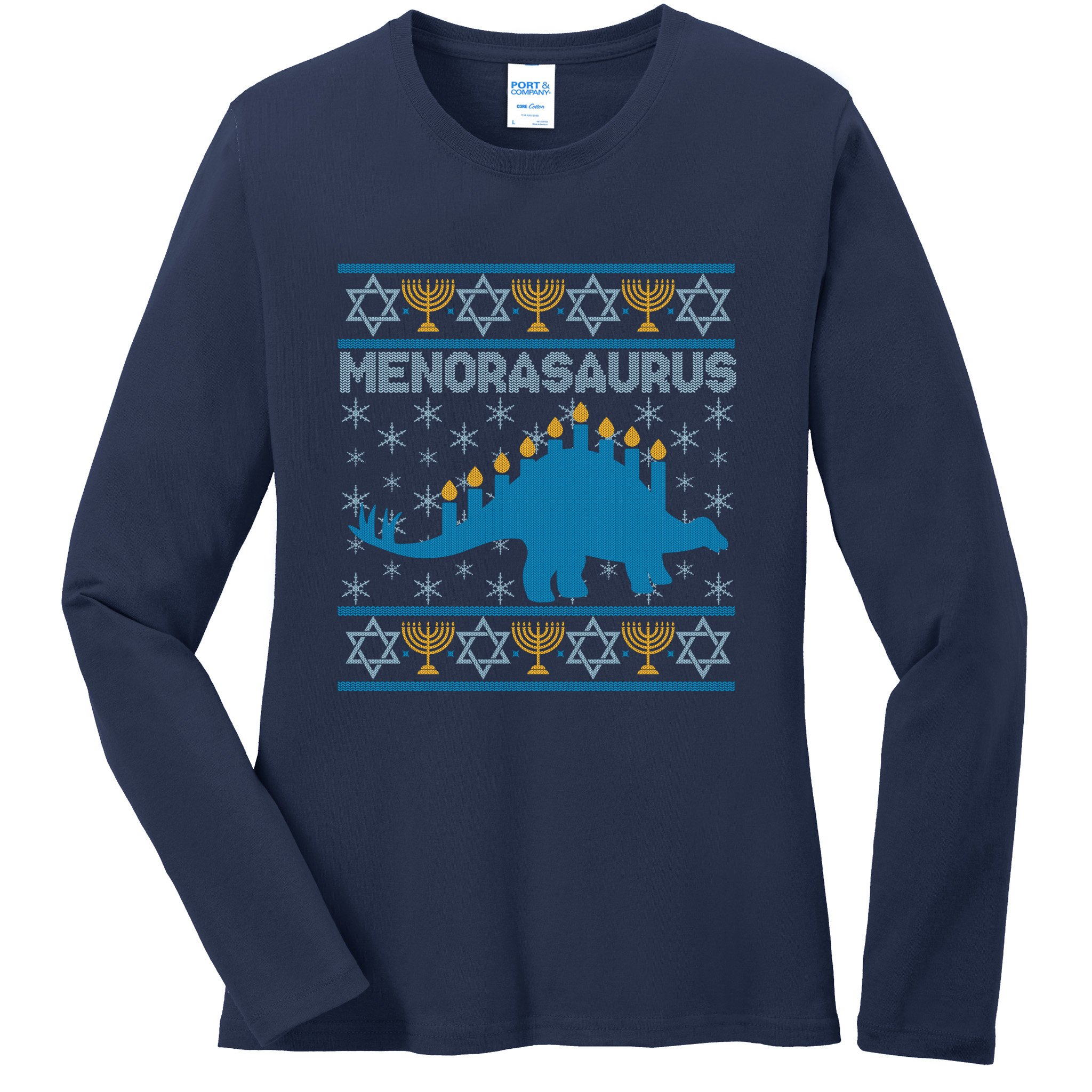 Funny Hanukkah Menorasaurus Dinosaur Ugly Sweater Ladies Long Sleeve Shirt