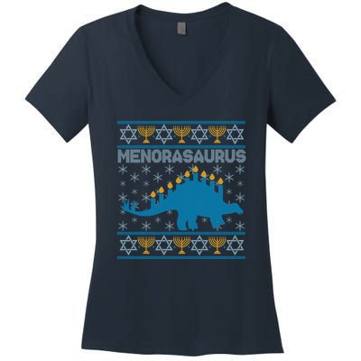 Funny Hanukkah Menorasaurus Dinosaur Ugly Sweater Women's V-Neck T-Shirt