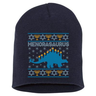 Funny Hanukkah Menorasaurus Dinosaur Ugly Sweater Short Acrylic Beanie