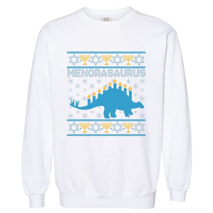 Funny Hanukkah Menorasaurus Dinosaur Ugly Sweater Garment-Dyed Sweatshirt