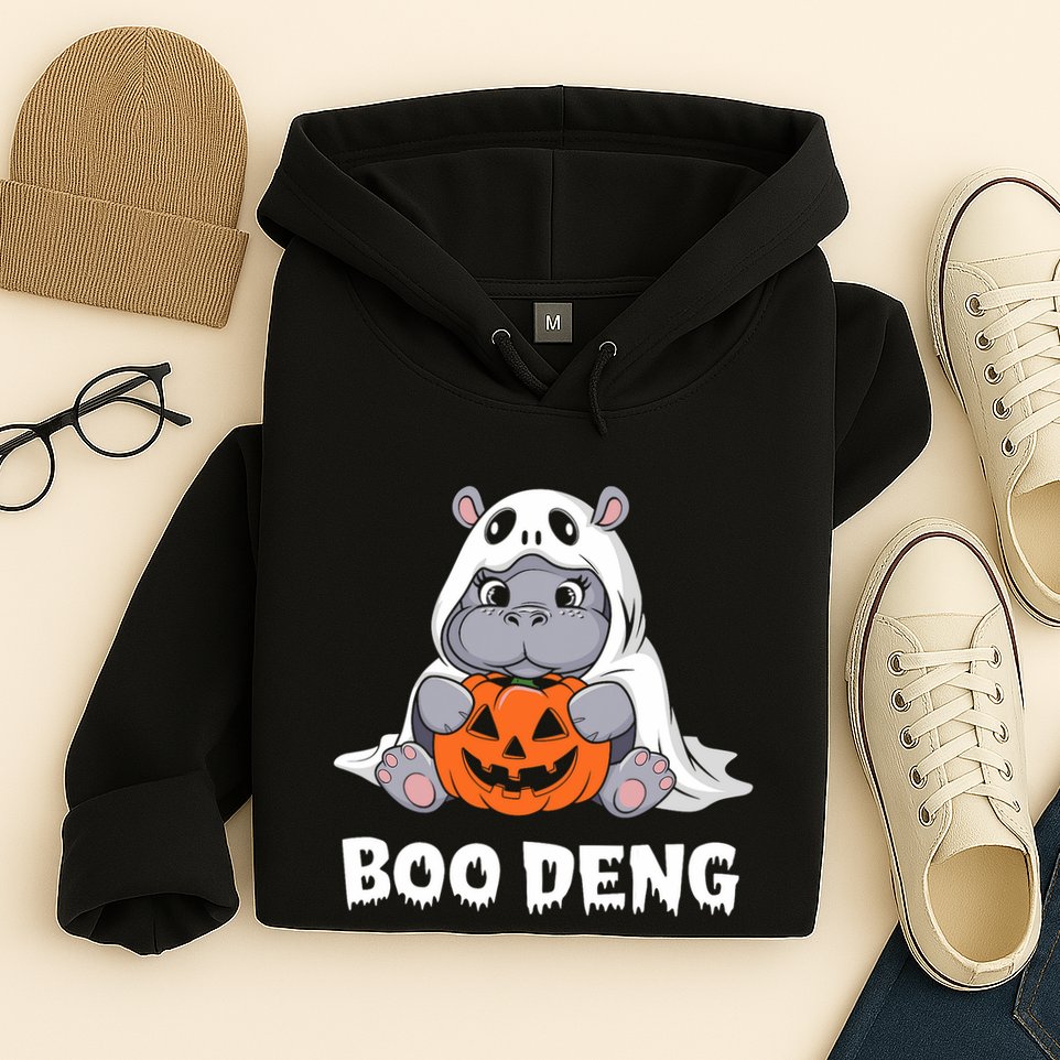 Funny Halloween Moo Deng Baby Hippo Boo Deng Ghost Costume Hoodie