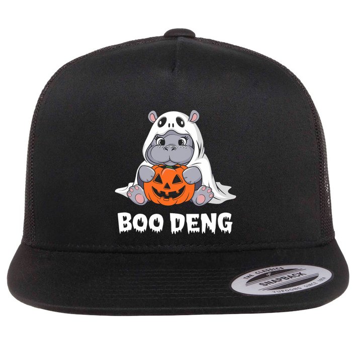 Funny Halloween Moo Deng Baby Hippo Boo Deng Ghost Costume Flat Bill Trucker Hat