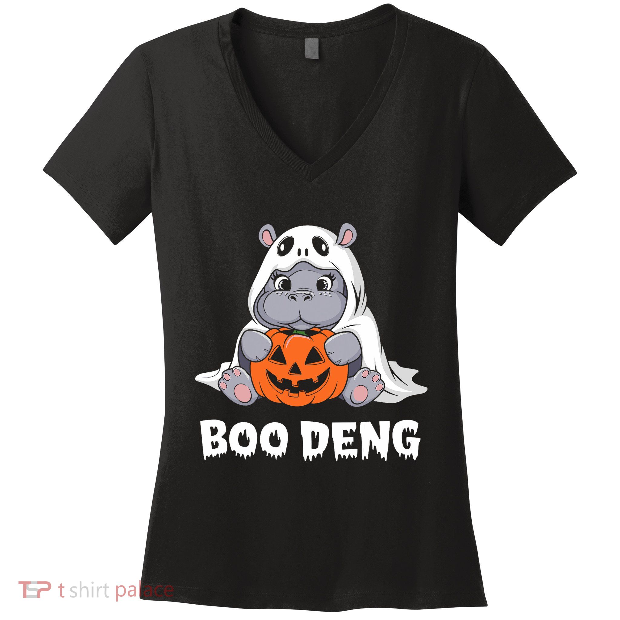 Funny Halloween Moo Deng Baby Hippo Boo Deng Ghost Costume Women's V-Neck T-Shirt