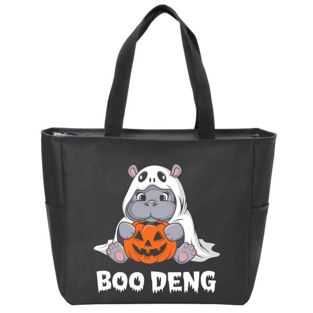 Funny Halloween Moo Deng Baby Hippo Boo Deng Ghost Costume Zip Tote Bag