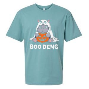 Funny Halloween Moo Deng Baby Hippo Boo Deng Ghost Costume Gift Sueded Cloud Jersey T-Shirt