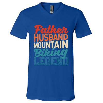 Father Husband Mountain Biking Legend FatherS Day Bikers Gift V-Neck T-Shirt